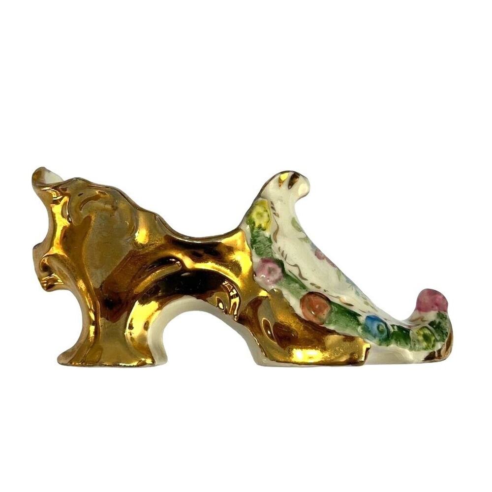 Vtg Porcelain High Heel Shoe Figurine Floral Gold Luster Trinket Holder Decor
